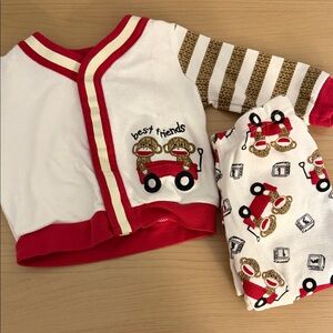 Kids Pajamas with Red and White Sock Monkey Design. Size 3 months.